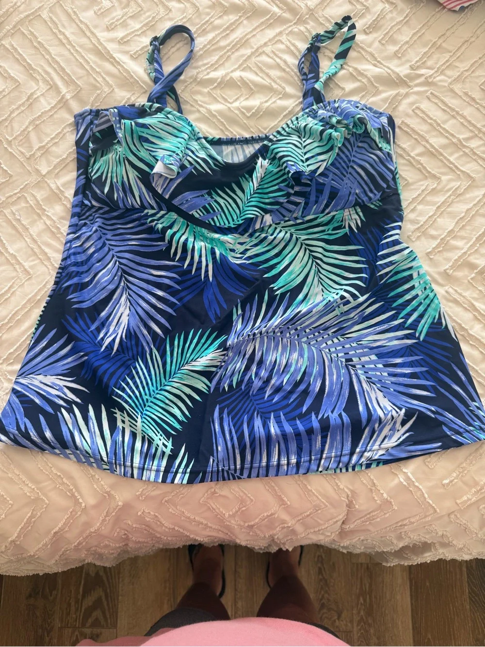 Island Escape Navy Teal Blue Tropical Palm Swim Tankini Top